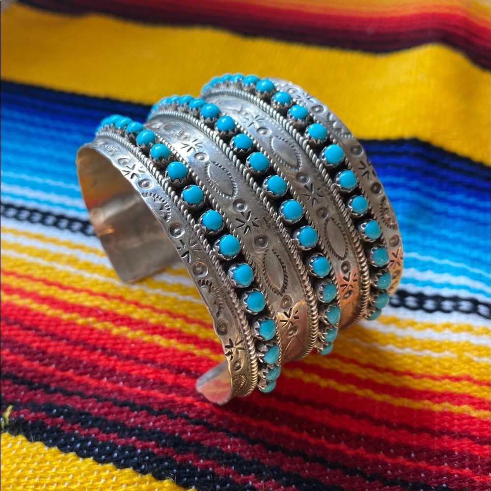Fantastic Zuni 3 Row Turquoise and sterling Wide Cuff Bracelet!